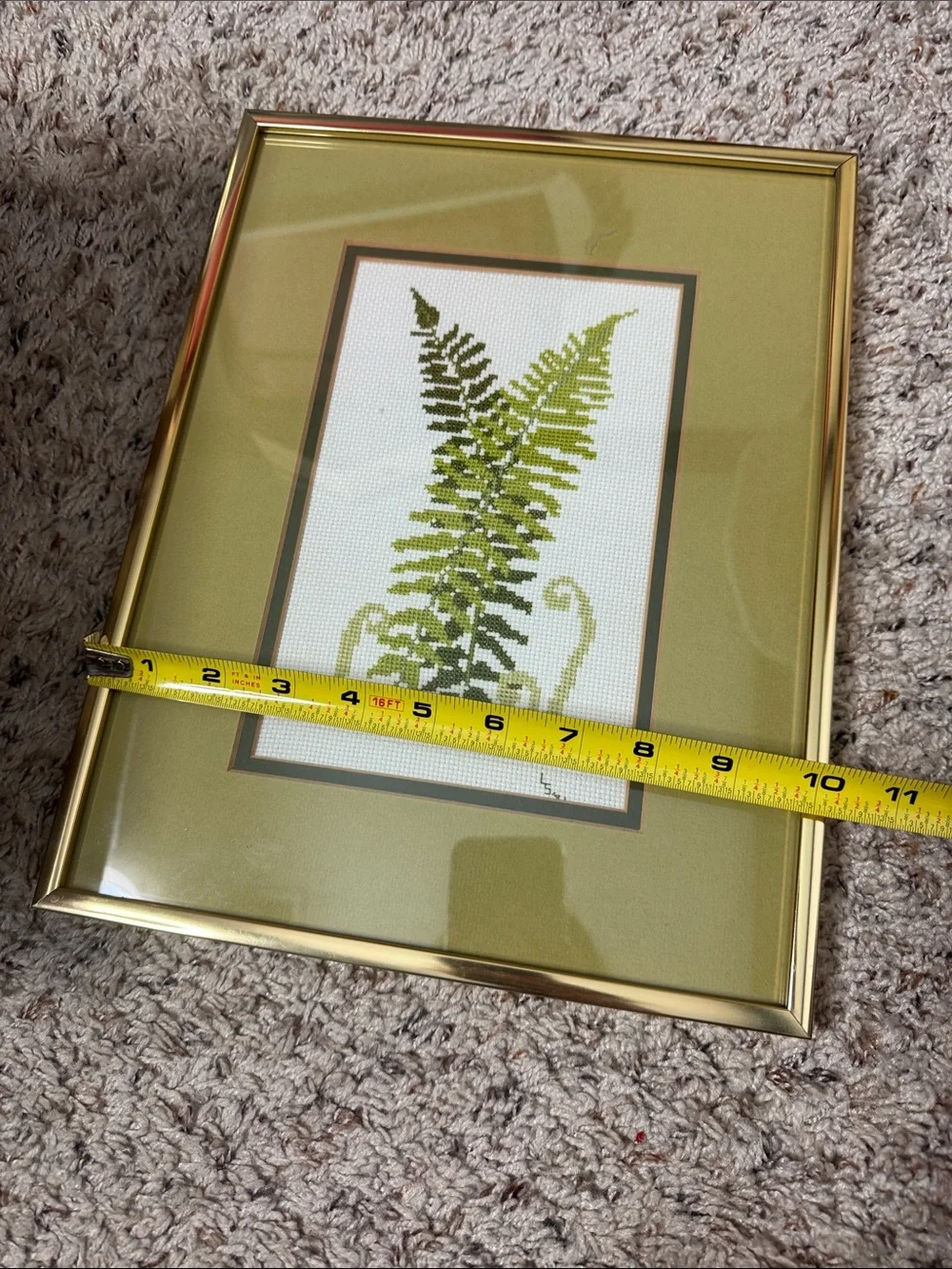 Vintage cross stitch fern leaves framed